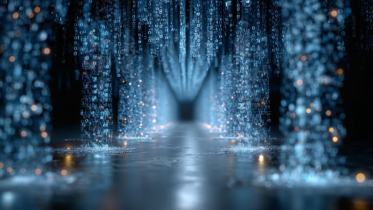 Una straordinaria rappresentazione visiva di un percorso di matrice digitale, ricco di codice binario fluente e luci brillanti, che crea un ambiente cyber coinvolgente per gli appassionati