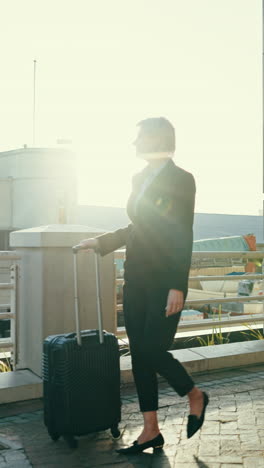 Business-woman,-walk-and-suitcase-in-street