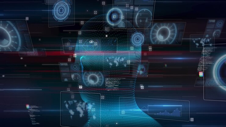 Animation of round scanners and data processing over spinning human head model and light trails