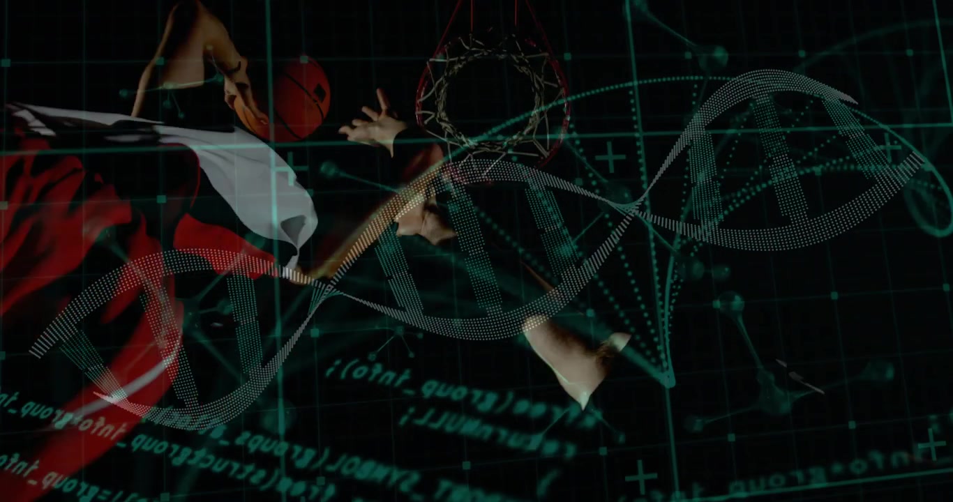 Male basketball player holding ball looking lifting toward hoop DNA helix overlays tracking scoring