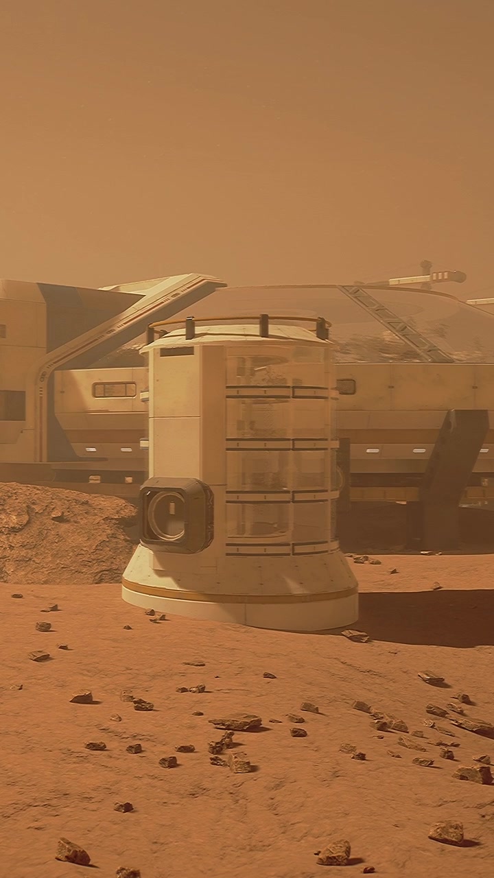 Space habitat on mars with dust storm in the background near rocky terrain