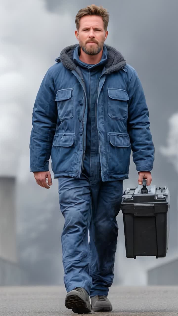 A determined man walks confidently with a sturdy black toolbox in an industrial environment, showcasing resilience against a backdrop of billowing smoke and machinery