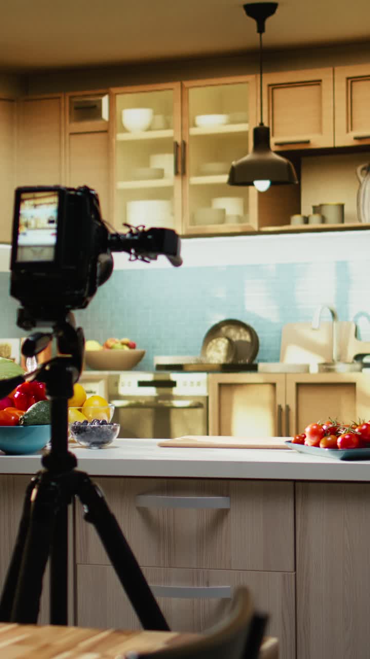 Video vertical: Grabando con trípode, mujer afroamericana, vlogeando contenido culinario