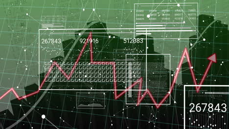 financial data processing animation over cityscape with graphs and numbers