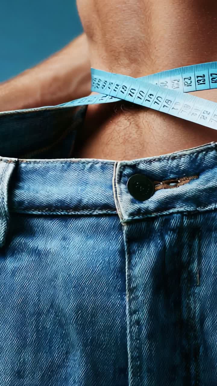Examining the Fit: Measuring Waist Size with Flexible Tape Around Jeans in a Close-Up Image of a Partially Unbuttoned Denim Waistband