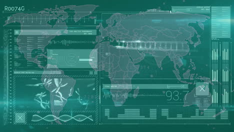 animación del procesamiento de datos y mapa del mundo sobre diagramas