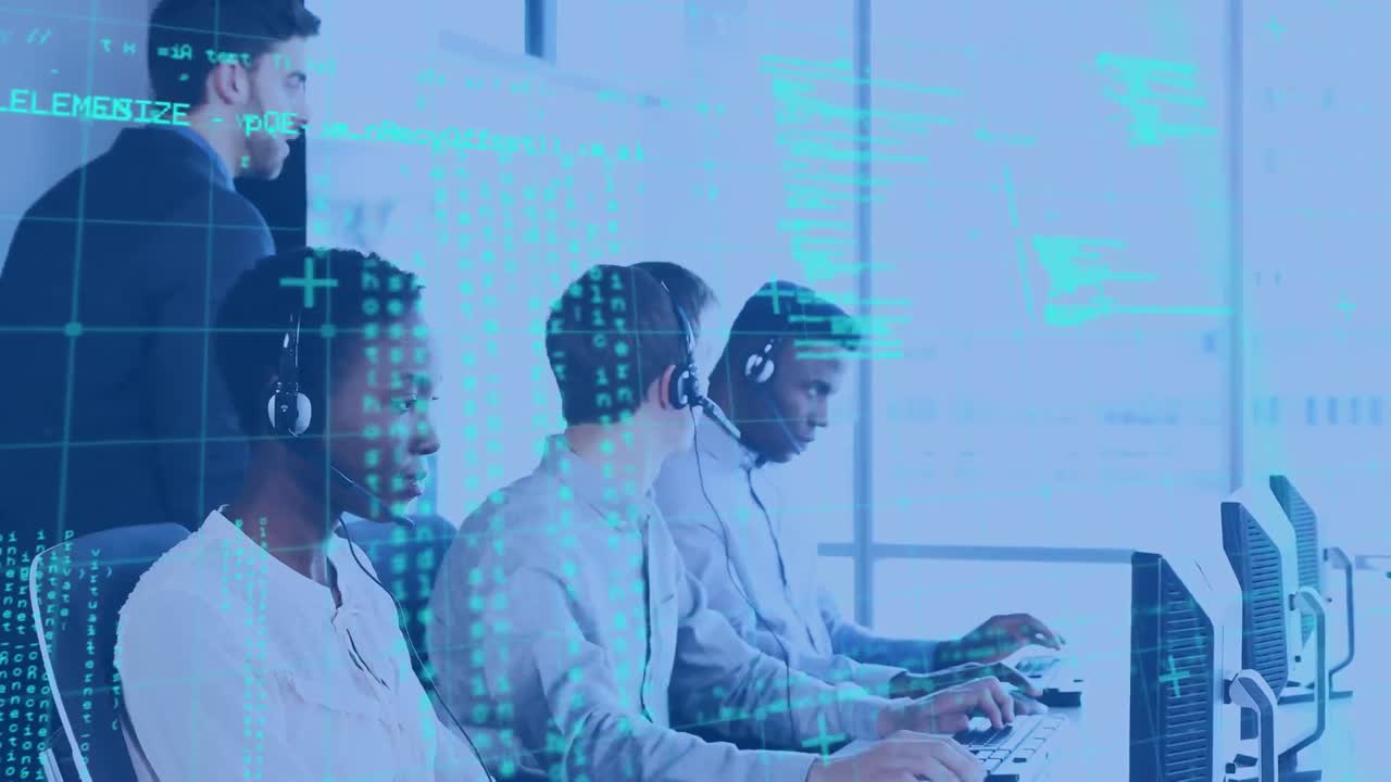 animación del procesamiento de datos sobre diversas personas de negocios que usan auriculares telefónicos