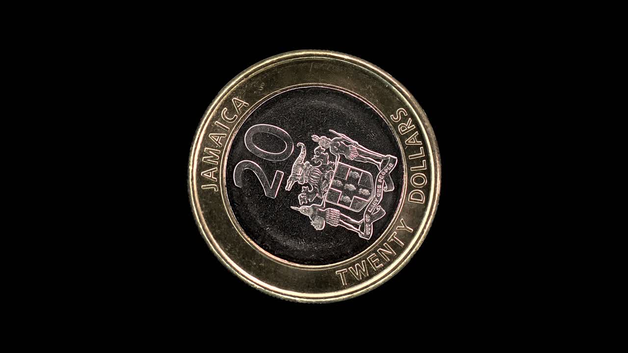 Jamaica 2015 20 dollars coin obverse with coat of arms rotating on black background