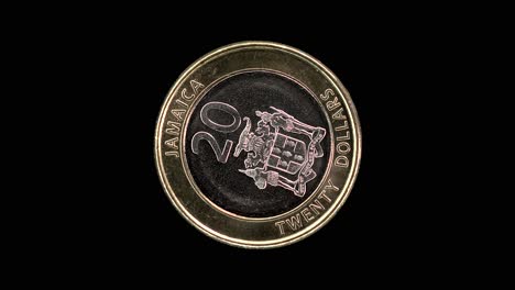 Jamaica 2015 20 dollars coin obverse with coat of arms rotating on black background