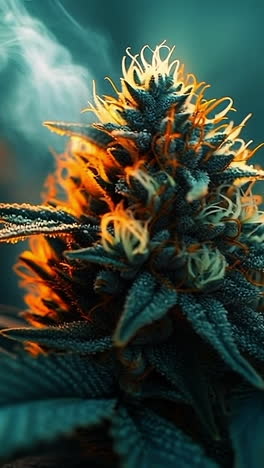 flowering cannabis in soft light. a vibrant cannabis flower glows in soft light with billowing smoke around its leaves, showcasing its lush buds.