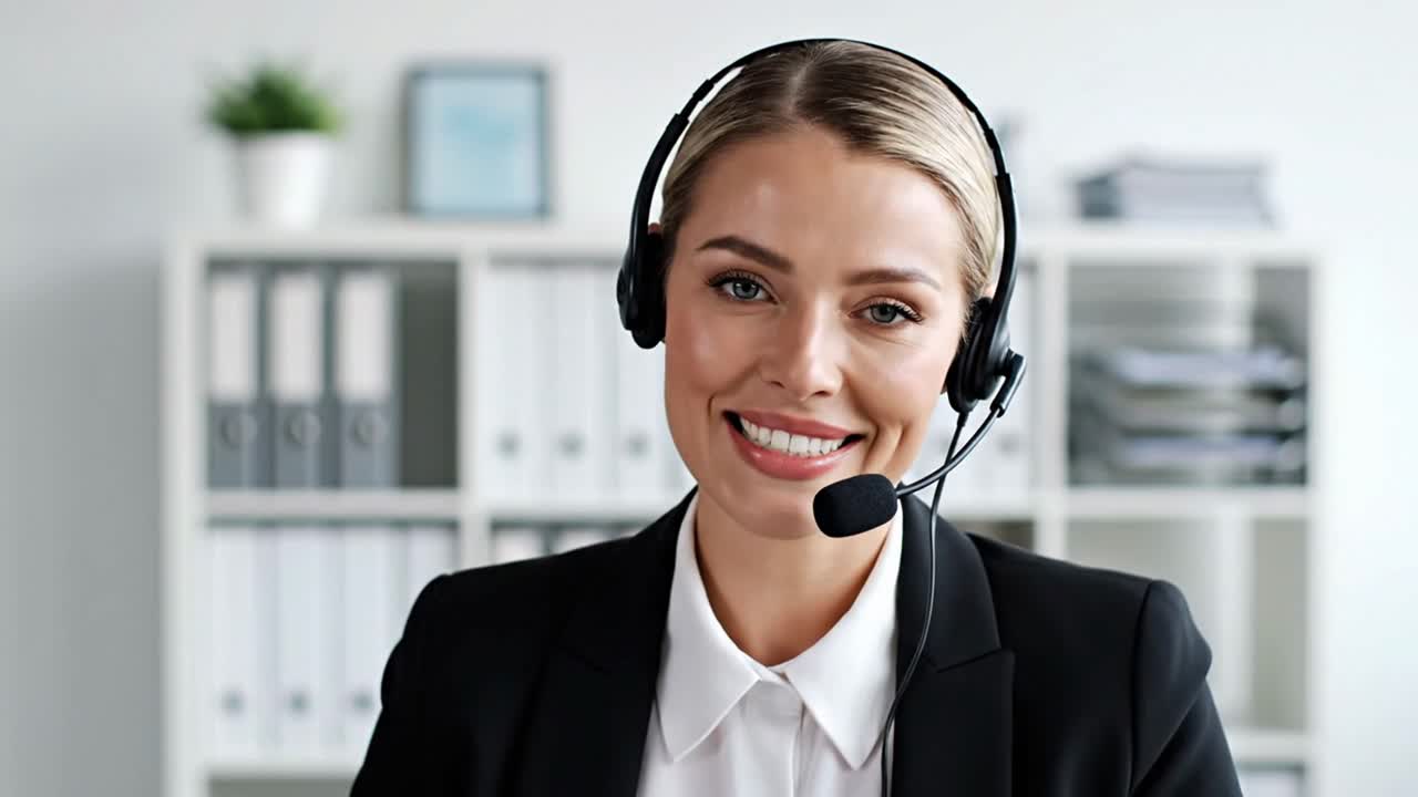 Smiling woman wearing headset providing customer support