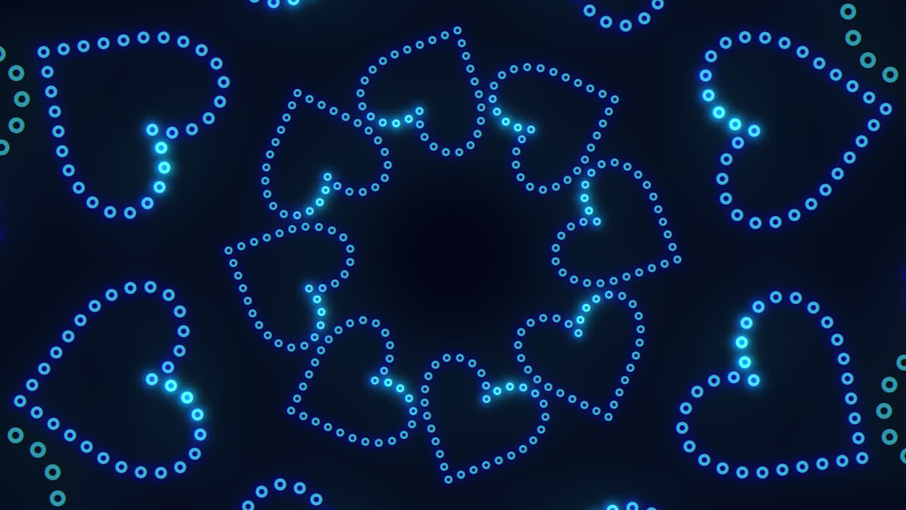 검은 그라데이션에 점이 있는 나선형의 네온 블루 하트