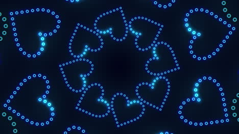 neon blue hearts in spiral with dots on black gradient