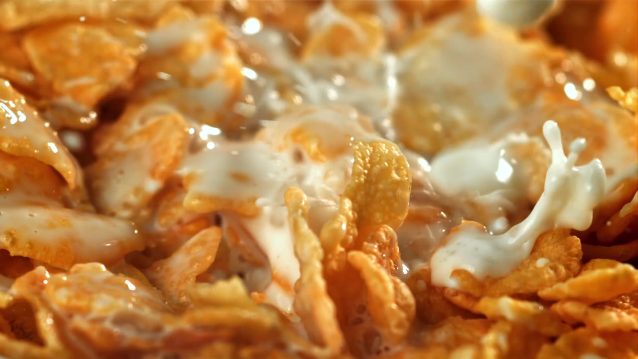 Latte che si versa su cornflakes dorati, al rallentatore.