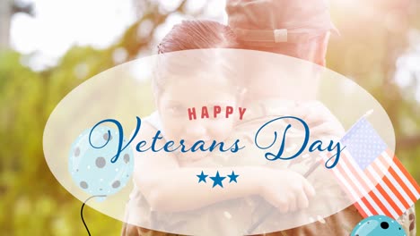 Animation-of-veterans-day-text-over-american-soldier-with-daughter