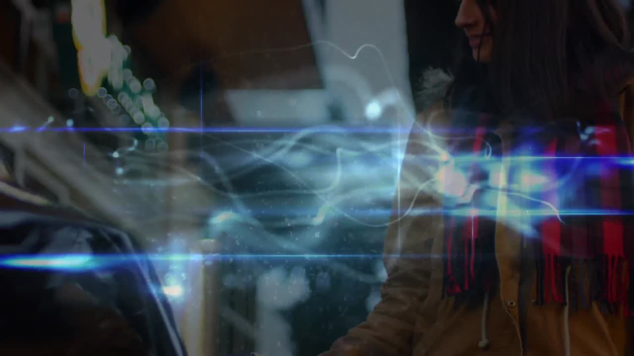 Woman charging a car with network of connections moving