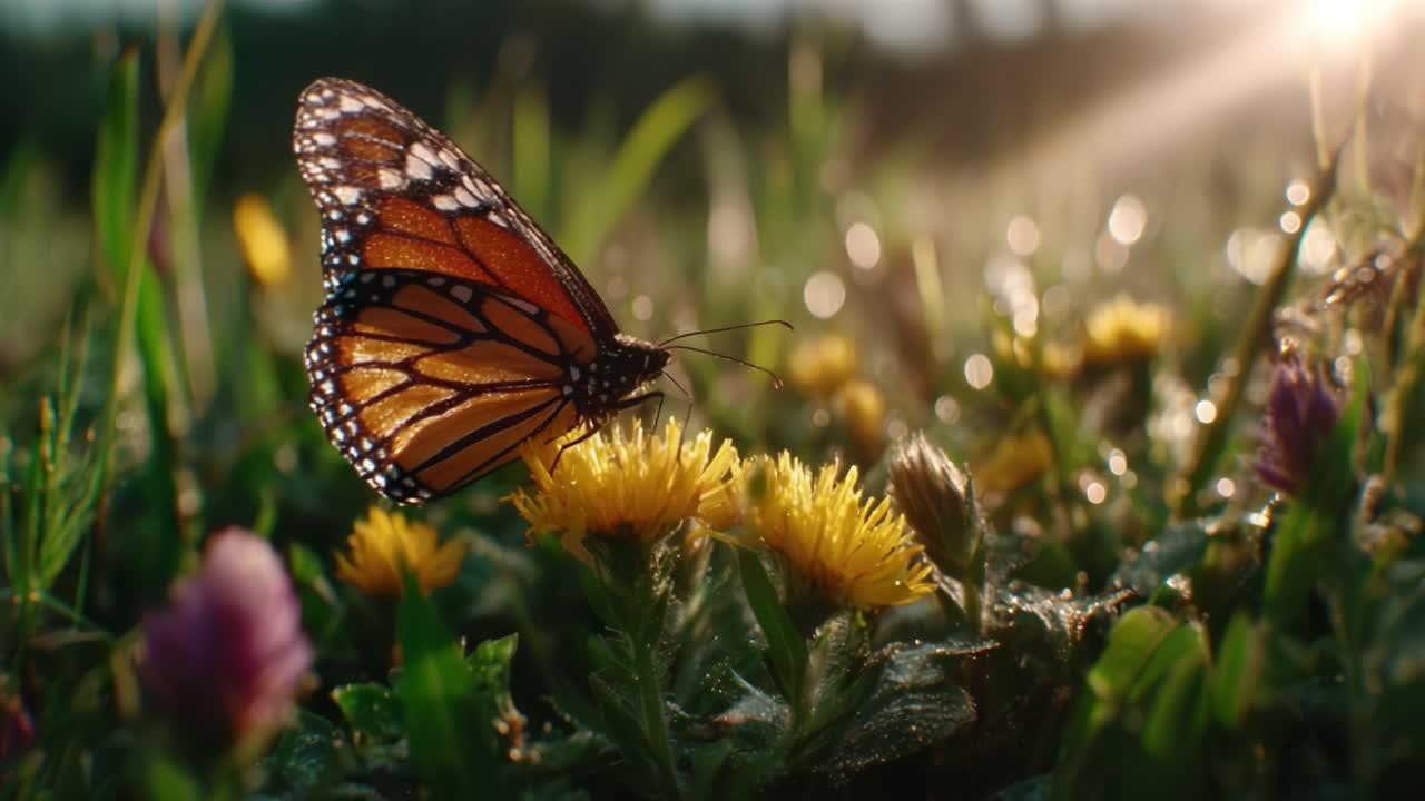 A Beautiful Butterfly Alights on Vibrant Wildflowers as the Sun Sets, Capturing the Essence of Nature's Harmony and Splendor in a Serene Meadow