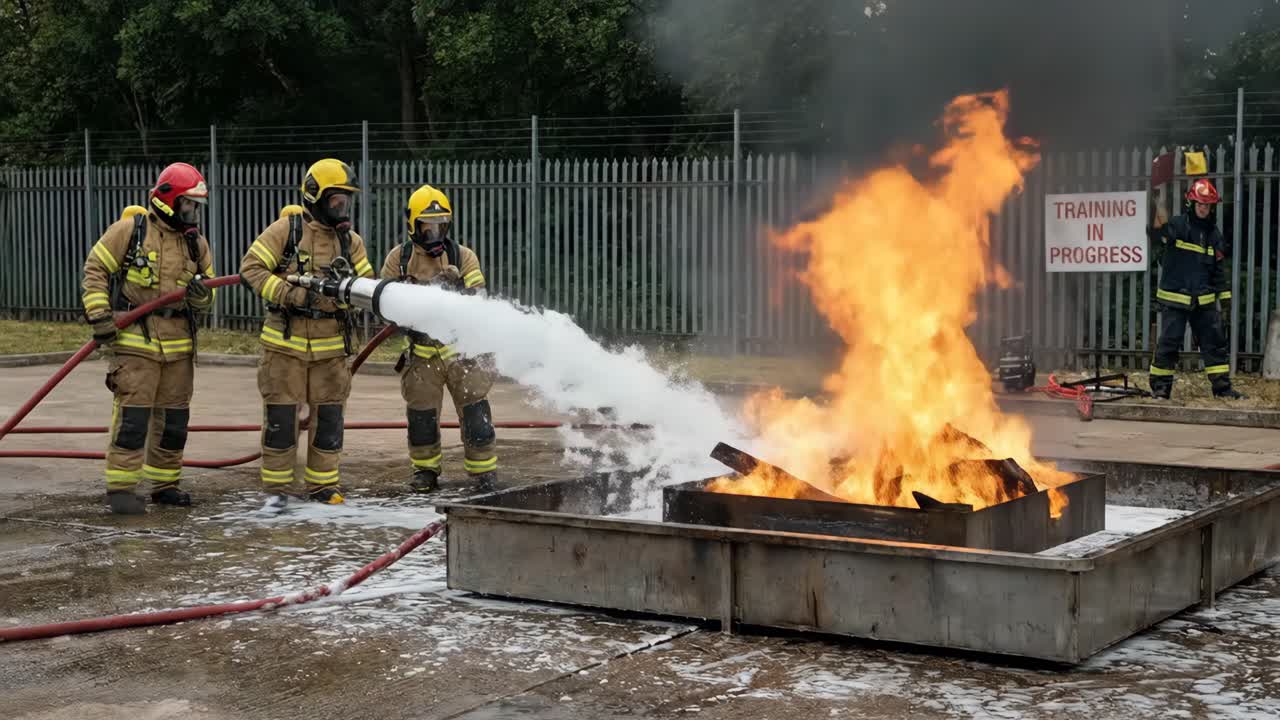 Bomberos apagando un gran incendio con espuma durante un ejercicio de entrenamiento