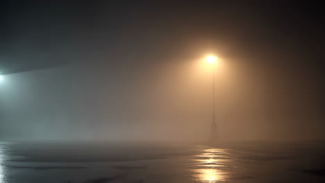 foggy night with streetlights and wet ground