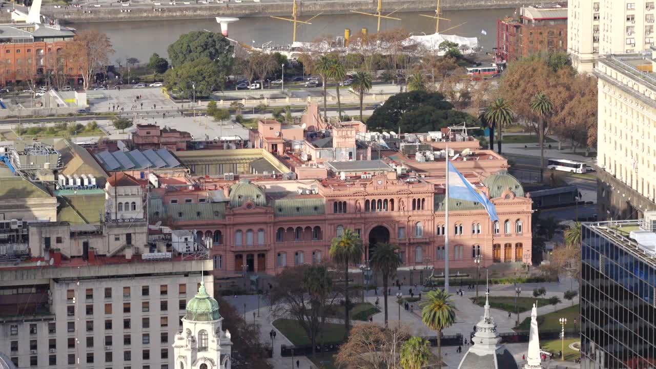 Aerial view approaching Casa Rosada, the presidential palace of Buenos Aires, Argentina