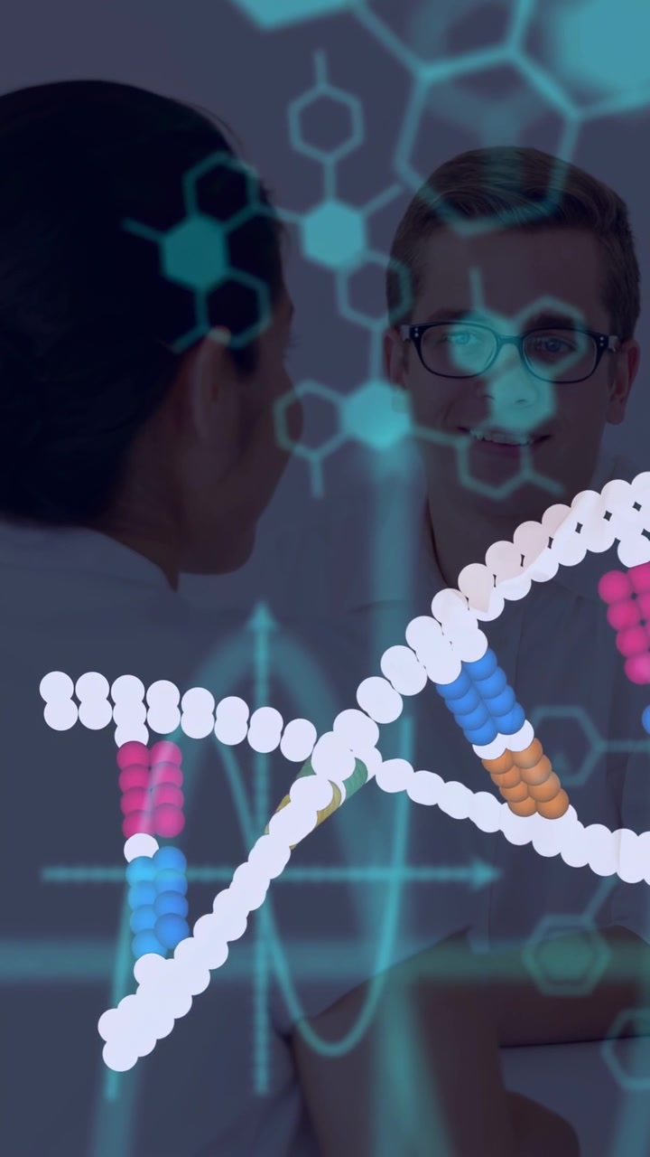 Vertical video: Two doctors tapping tablet and reviewing genetic data, DNA helix overlaying faces