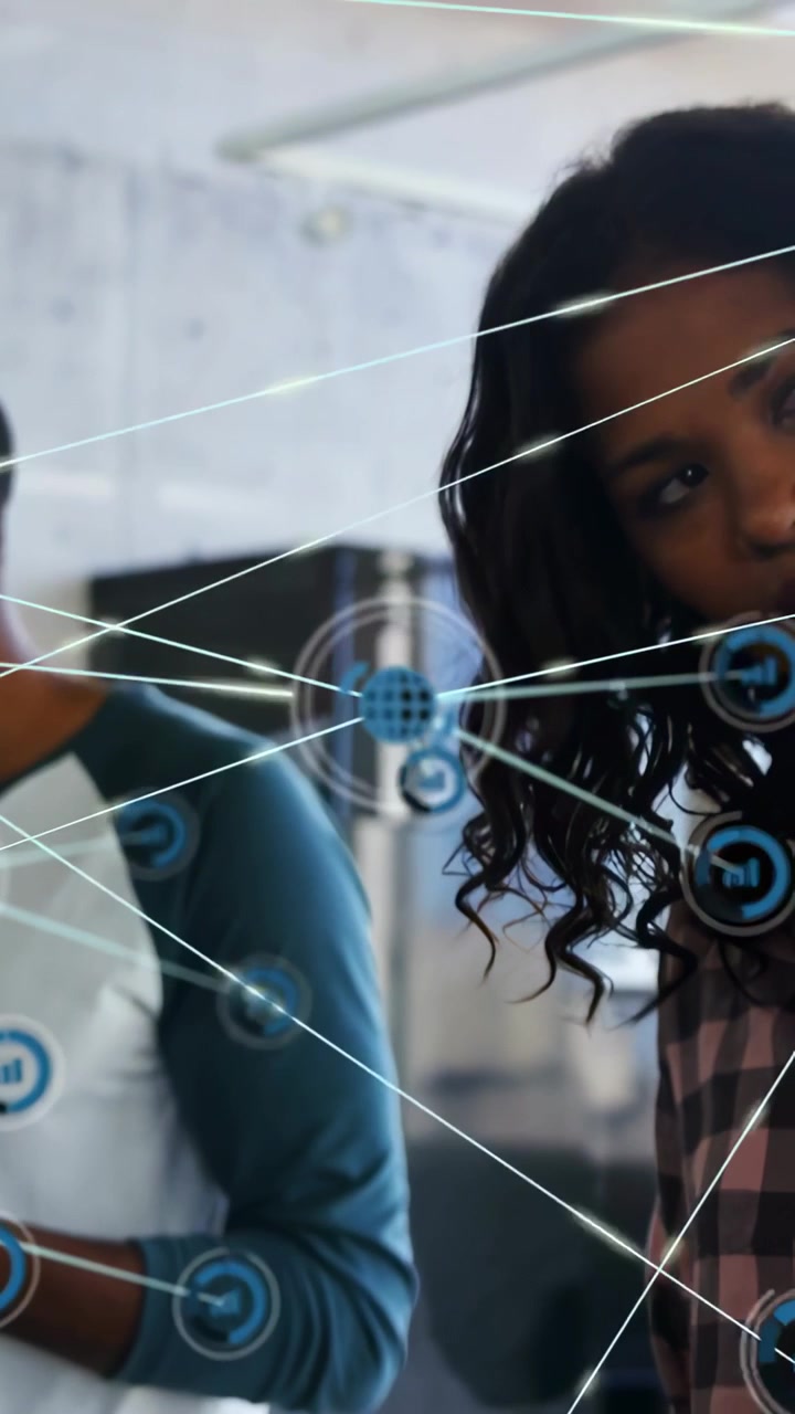 Vertical video: Woman tapping smartphone and activating AR node network, collaborating on tech data