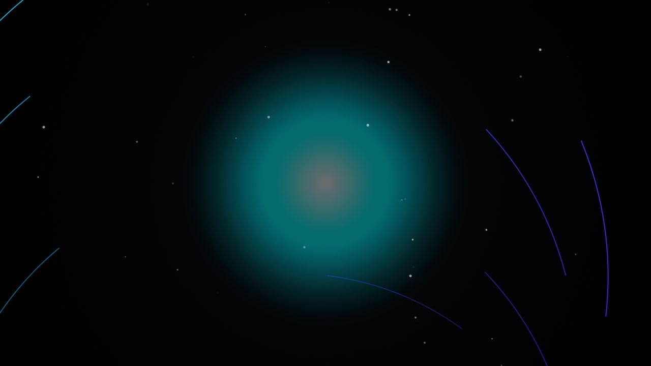 Grafica in movimento astratta di una sfera ciano brillante e archi orbitanti