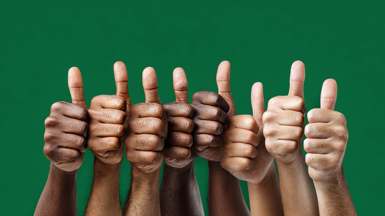 A Unifying Gesture of Positivity: Multiple Hands with Thumbs Up in Celebration Against a Green Background
