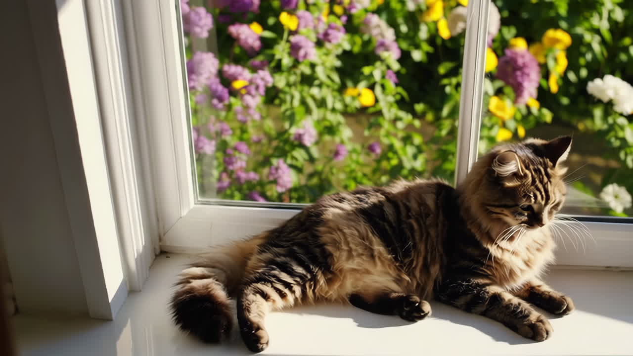 Fluffy cat relaxing by the window with flowers