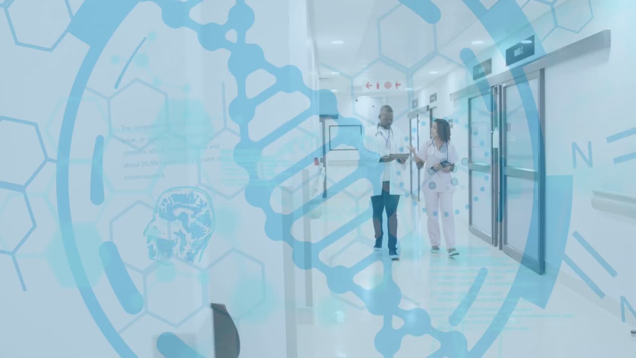 Animación de hebra de ADN y procesamiento de datos médicos sobre diversos médicos en un hospital