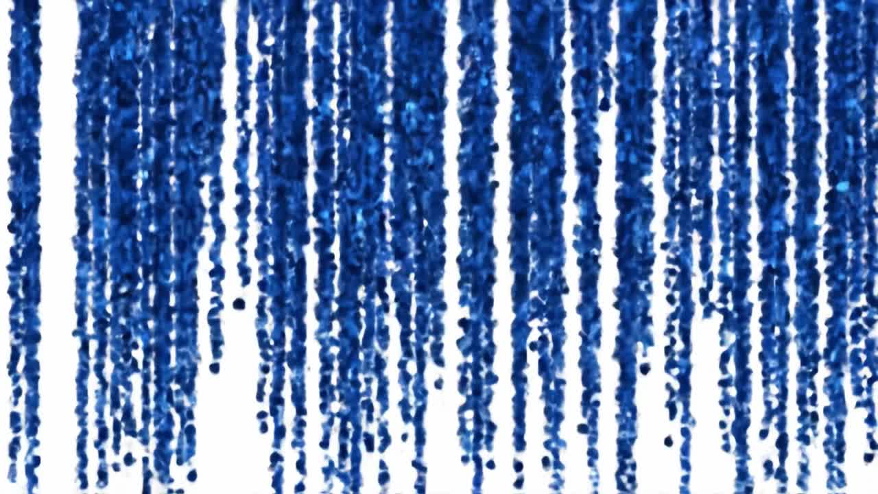 A striking blue curtain made of sparkling beads captures attention in a vibrant city gallery. Visitors admire the artwork, enveloped in a serene ambiance during an art exhibit.