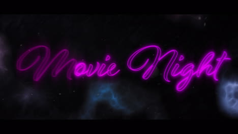 banner de texto de noche de cine de neón púrpura contra el efecto de trueno en fondo negro