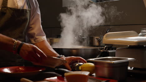 chef preparing meal in steamy kitchen atmosphere