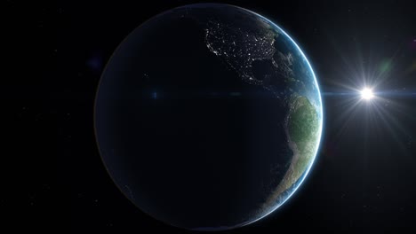 hermosa rotación de la tierra 360 grados con las llamaradas solares sin problemas. vuelta completa del planeta, lado oscuro con ciudades nocturnas y lado claro con nubes. nuevo día. animación en bucle 3d.