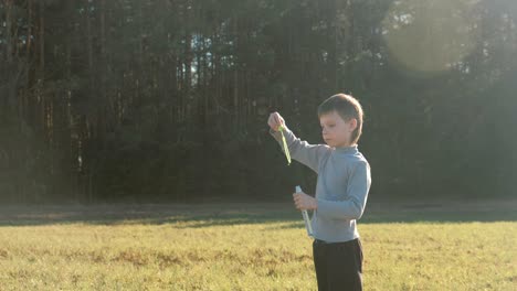 boy lets soap bubbles in a meadow near the forest on a warm spring day.