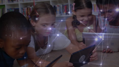 animation of network of connections over school children using tablets