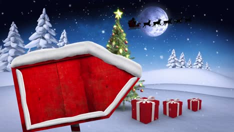 animación de la silueta negra de santa claus en trineo siendo tirado por renos con luna llena