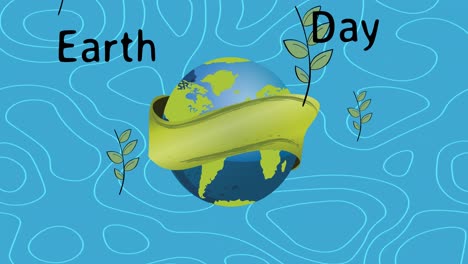 Animation-of-earth-day-text-over-green-tape-wrapped-around-globe-and-leaves-on-blue-background