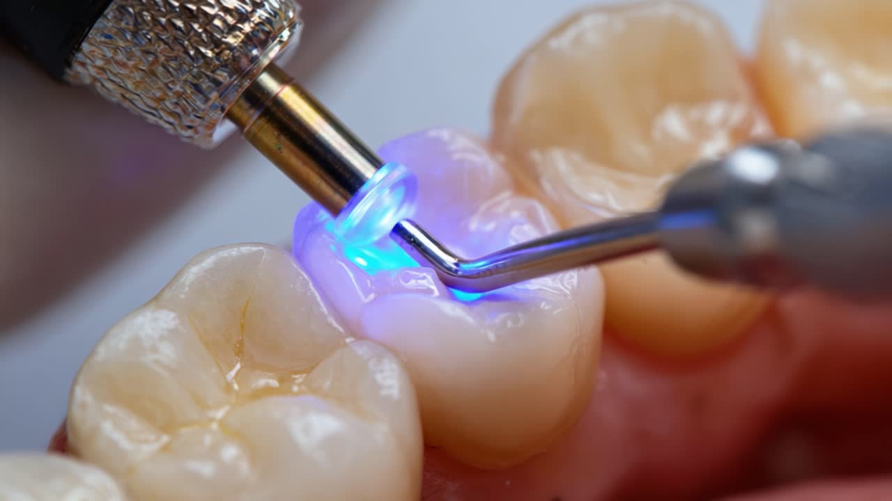 Procedura Odontoiatrica: Applicazione della Tecnologia di Fotopolimerizzazione su Otturazioni in Composito per Ripristinare la Salute Dentale e Migliorare l'Estetica in Ambiente Clinico