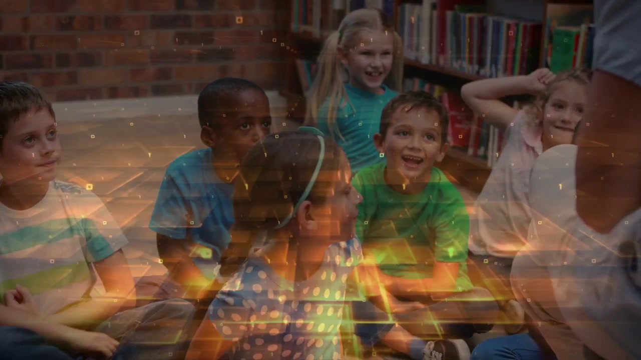 Adult holding book asking in library session, children raising hands and smiling with glow overlay