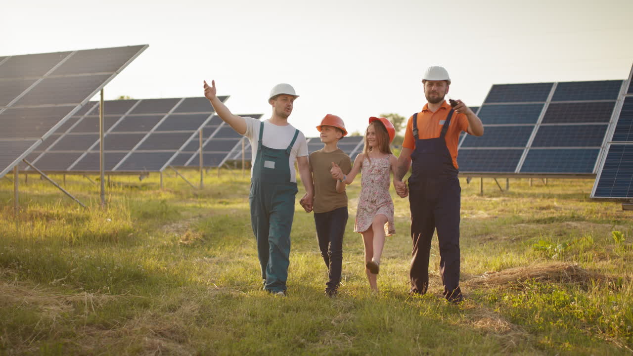 태양 전지 패널 농장에서 일하는 가족들과 함께