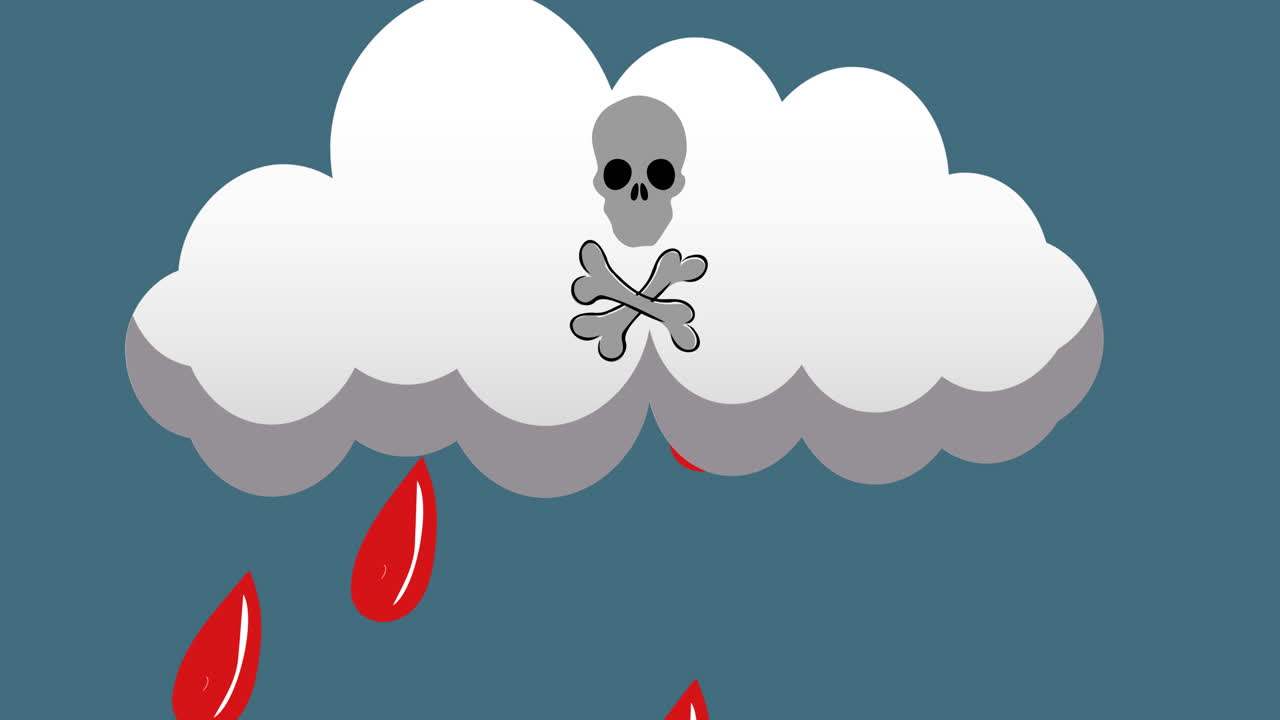 경고의 애니메이션 독 두개골과 교차  ⁇  표지판 비 구름 흘리는 피