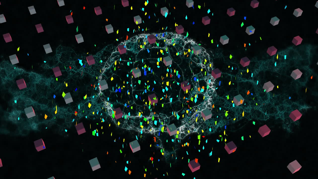 Animation of colorful particles and cubes swirling around glowing circular pattern