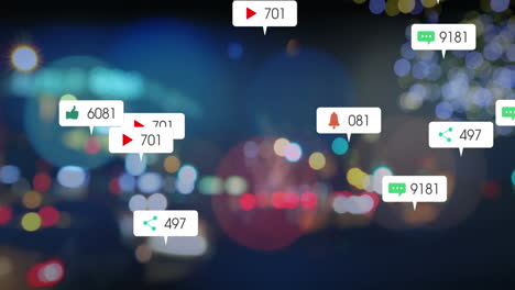 animation of changing numbers and icon in notification bars, blurred vehicles on street