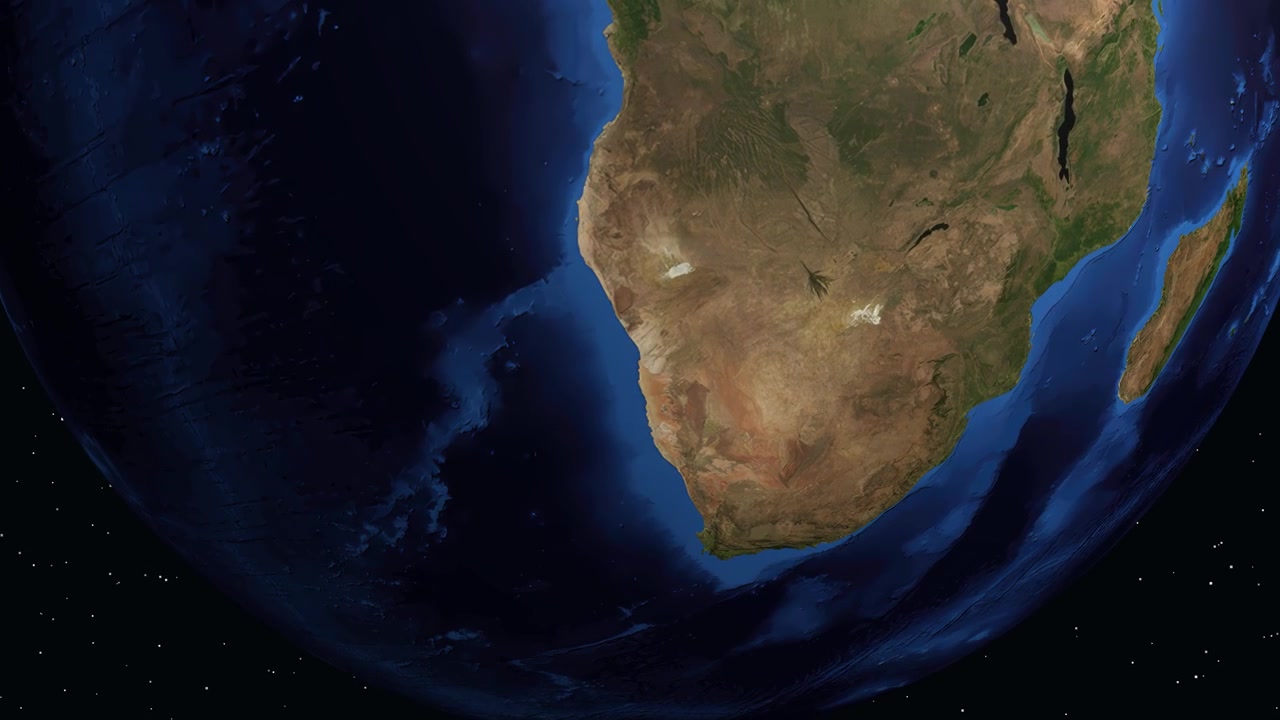 Digital globe rotates and zooms into Walvis Bay Namibia with demographic data overlay in space