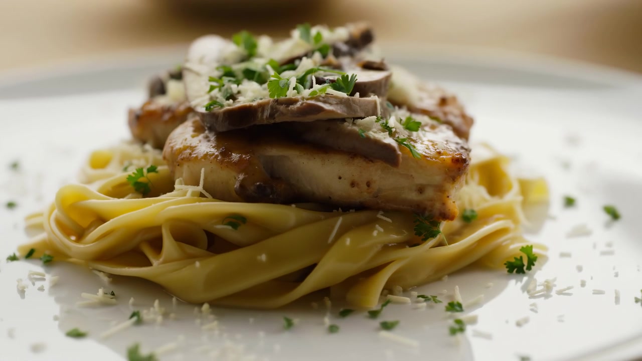Ritratto culinario ravvicinato di un nido di tagliatelle impiattato guarnito con capesante scottate, sottili fette di fungo e formaggio grattugiato, guarnito con prezzemolo tritato su un