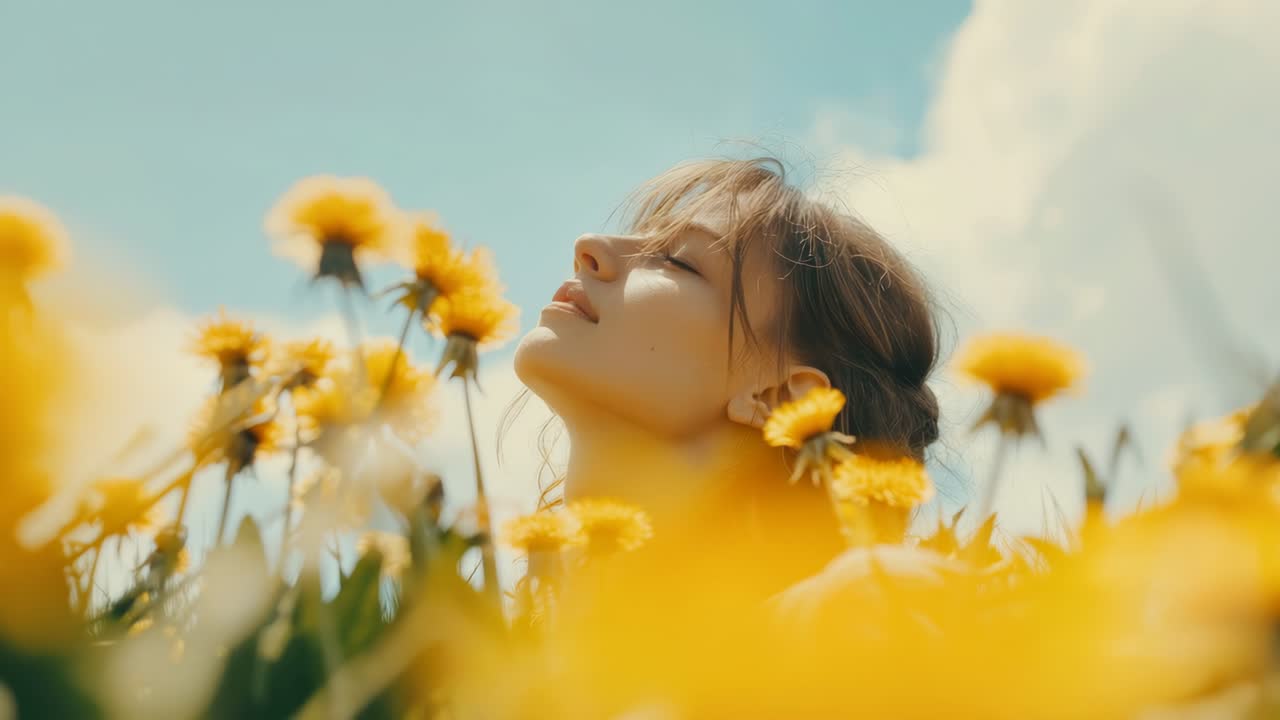 Una scena video serena con un'inquadratura dal basso di una donna che si crogiola al sole tra fiori gialli.