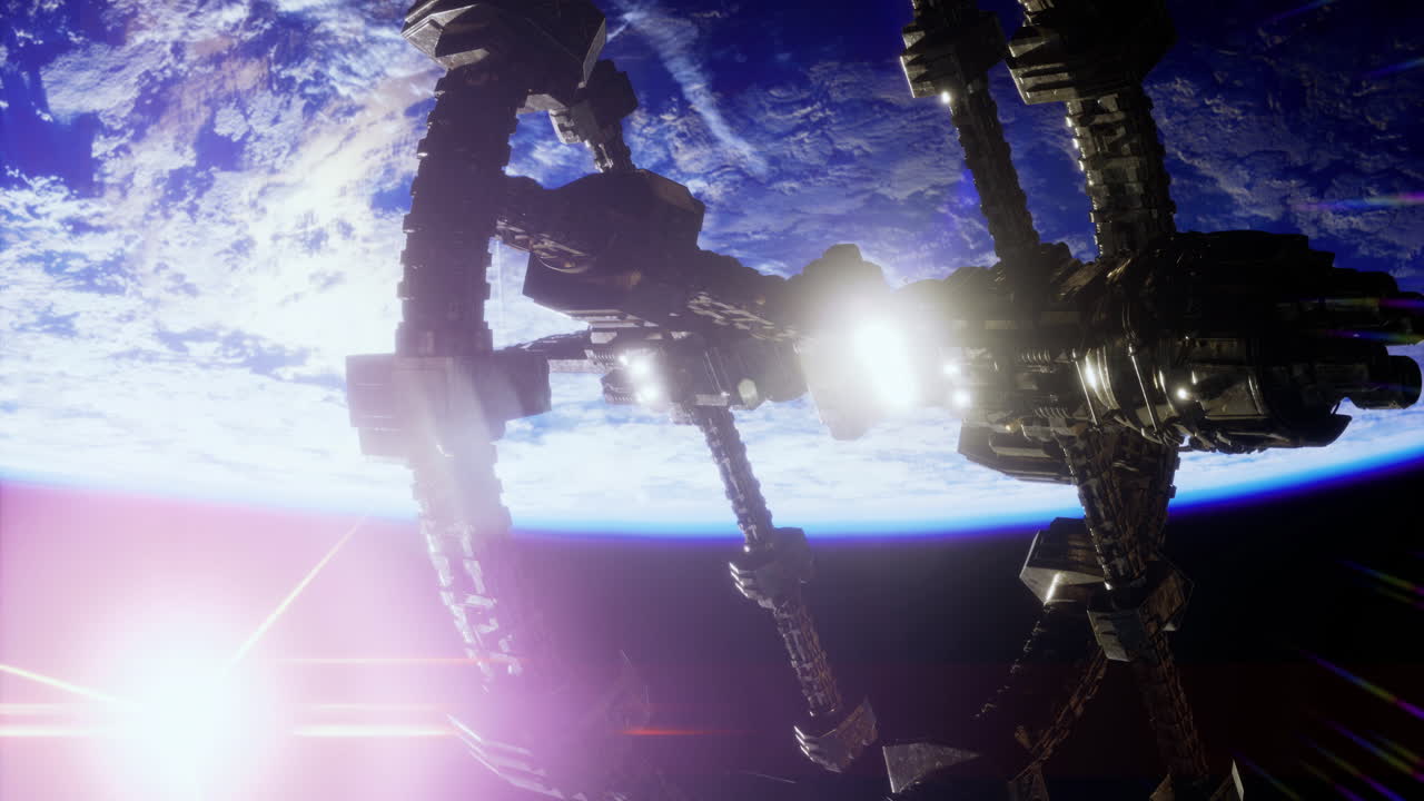 Space station orbiting earth with sun glare and planetary view