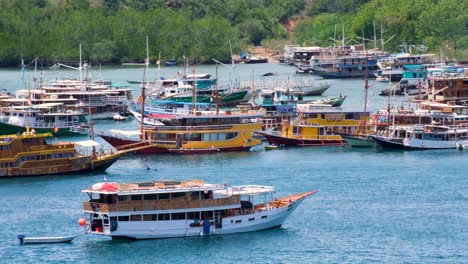 Massen-Von-Tauchsafari-Booten,-Die-Im-Fischerdorf-Labuan-Bajo-Auf-Der-Insel-Flores-In-Der-Region-Nusa-Tenggara-In-Ostindonesien-Angedockt-Sind