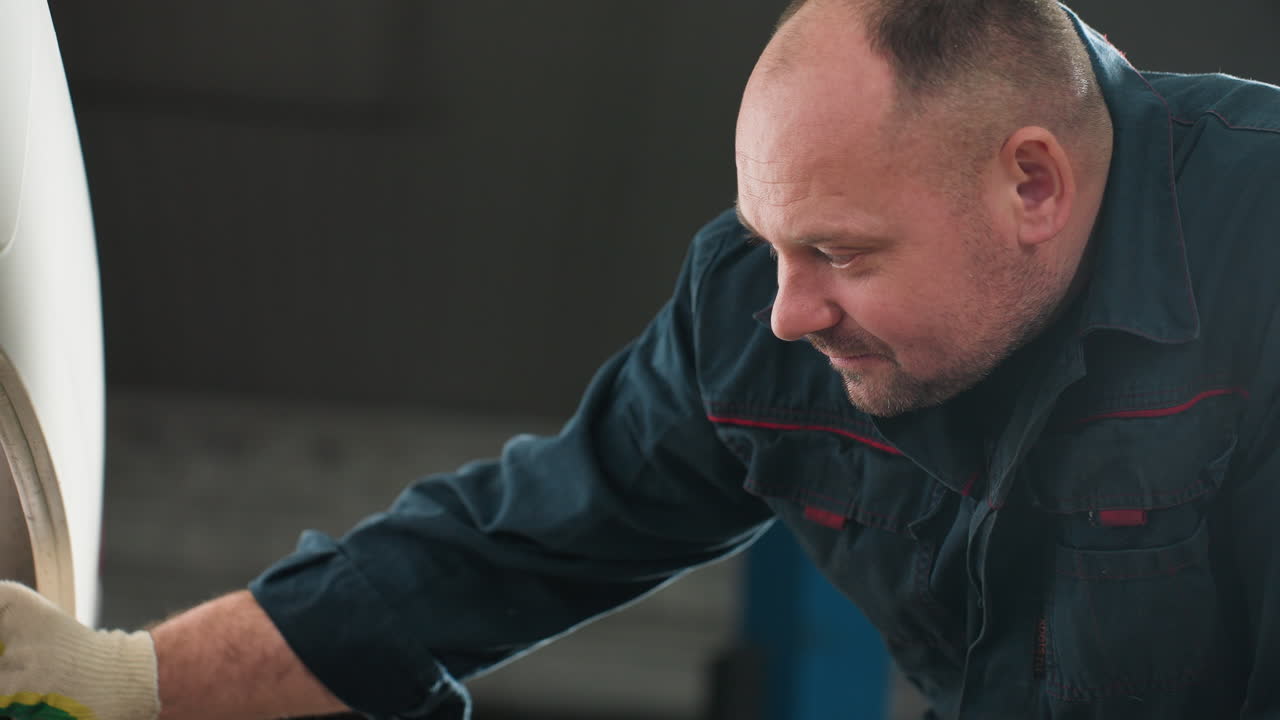 mecánico en uniforme azul usando una antorcha para inspeccionar los neumáticos de automóviles en un taller de reparación de automóviles, enfocándose de cerca con el ascensor azul en el fondo, asegurando la seguridad y el mantenimiento en un taller automotriz profesional